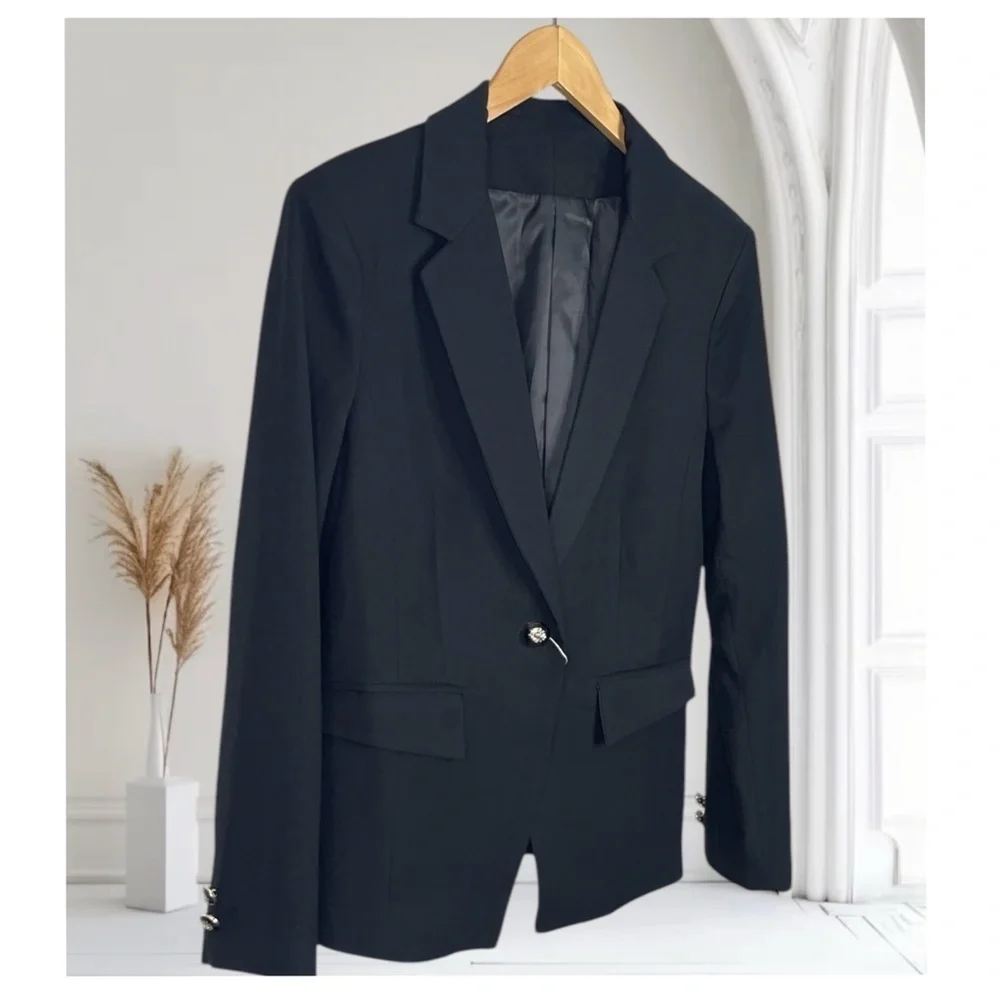 Black Fitted One Button Black Blazer Large - Picture 2 of 10